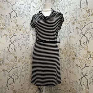 LOFT By Ann Taylor Dress Sz M Jersey Stretch Stripes Belted Midi Cowl Neck Shift
